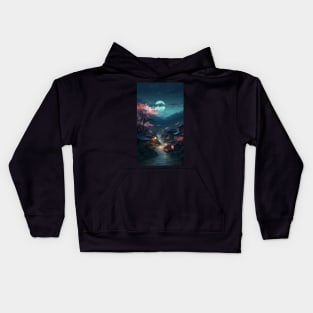 Serene Japanese Village with Cherry Blossoms under the Moonlight Painting Kids Hoodie